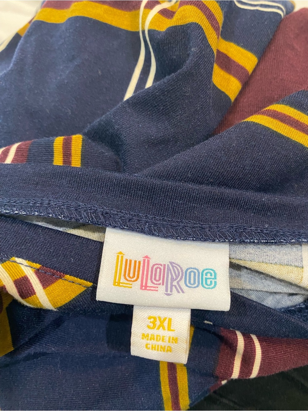 LuLaRoe Navy Top with Mustard and Burgundy Stripes